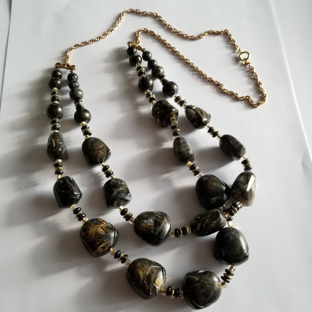 Vintage necklace two strand gold tone black swirled gold chunky multistrand - Picture 4 of 11